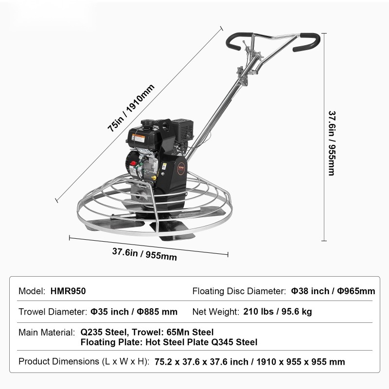 Käveltävä betonin tasoituskone 38 tuuman kelluntalevy 6 hevosvoiman bensiinimoottori teräslaikka