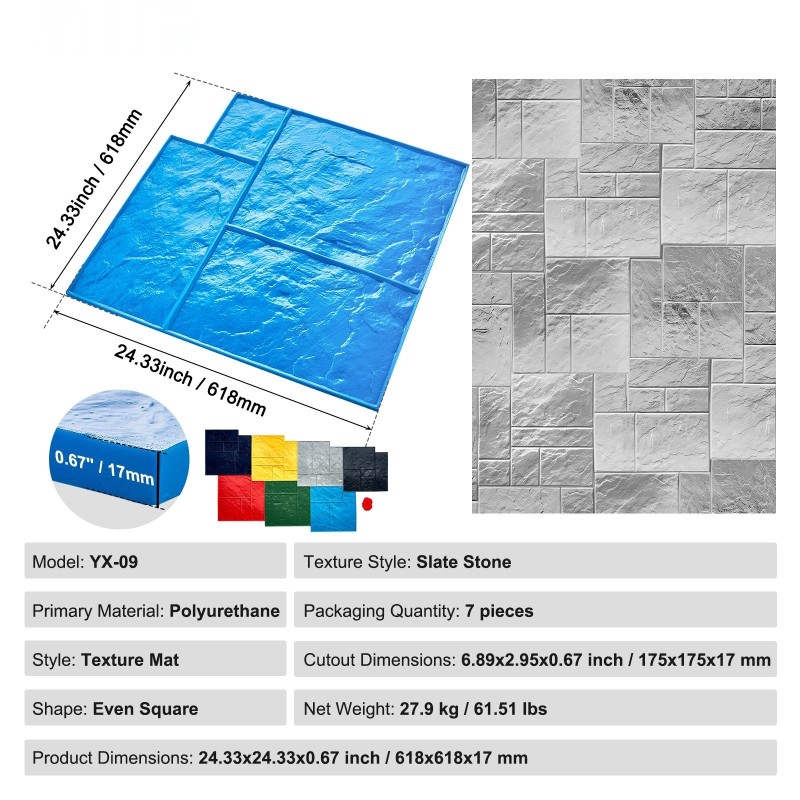 Betonileimasinmatto polyuretaani 618 mm 7 kappaleen setti liuskekivitekstuurilla betonipinnoille