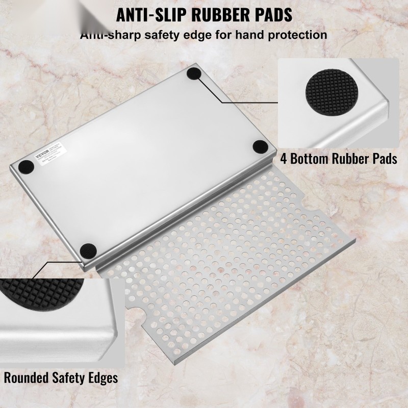 Tippakaukalo 304-ruostumattomasta teräksestä 300 x 177 mm irrotettavalla kannella 4 liukuestekumityynyä