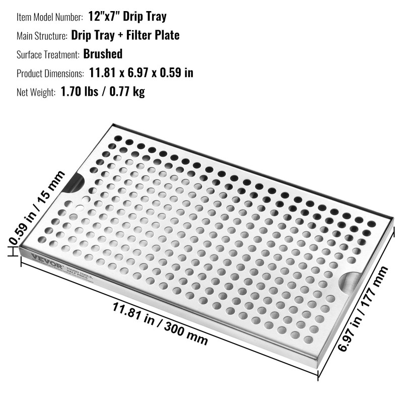 Tippakaukalo 304-ruostumattomasta teräksestä 300 x 177 mm irrotettavalla kannella 4 liukuestekumityynyä