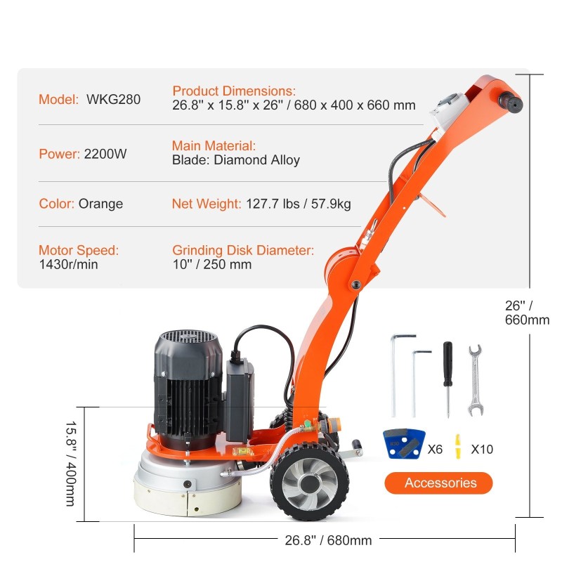 Betonilattian hiomakone 250 mm timanttilaikka 2200 watin märkä- ja kuivakäyttö säädettävä työntöaisa