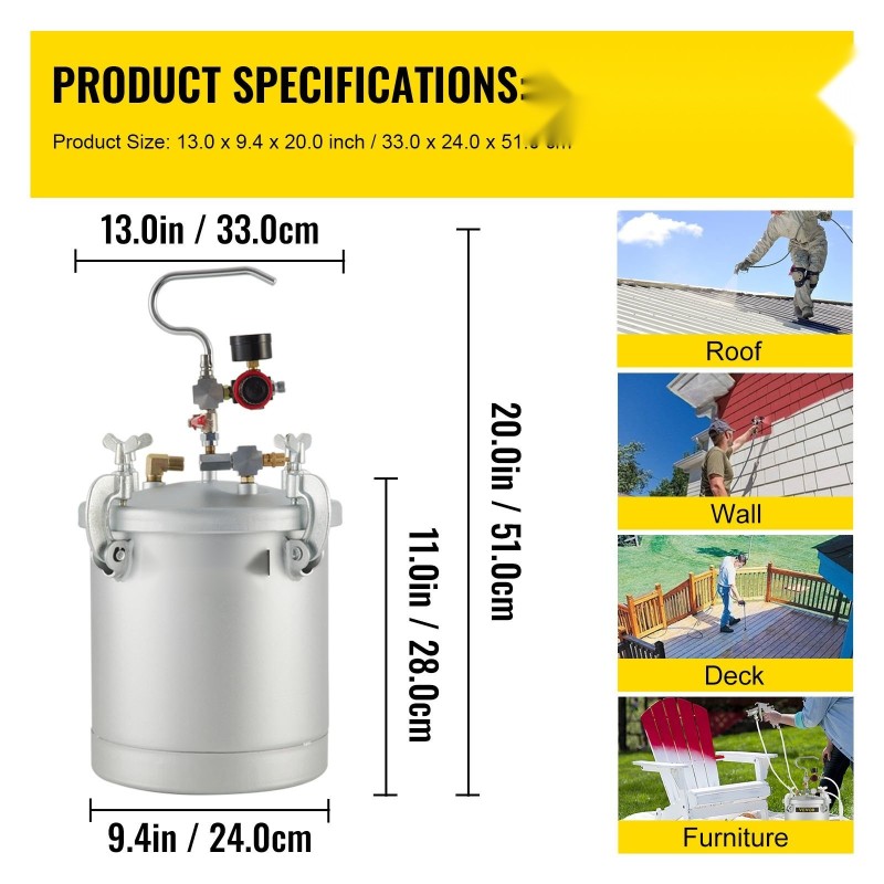 Paineistettu maalisäiliö 10 L hiiliterästä ruisku ja 3 m letkut