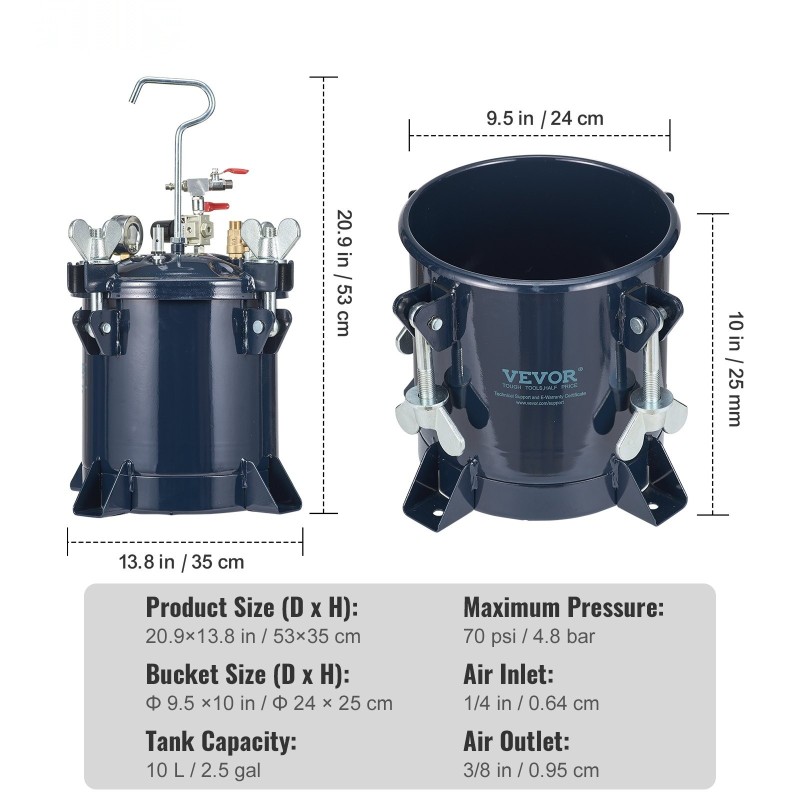Paineellinen maalisäiliö metalliteräs 10 l kaksoisventtiilit säädettävä paine 4,8 bar