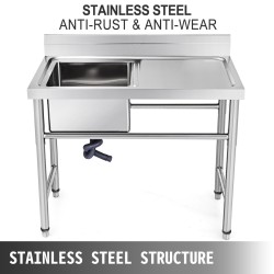 Pesuallas ruostumattomasta ei-magneettisesta teräksestä yhden altaan 40,6x39,4x25,4 cm oikealla työtasolla