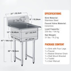 Ruostumaton yksialtaainen vapaasti seisova teräsallas 533 x 457 x 1041 mm säädettävät jalat ja hana