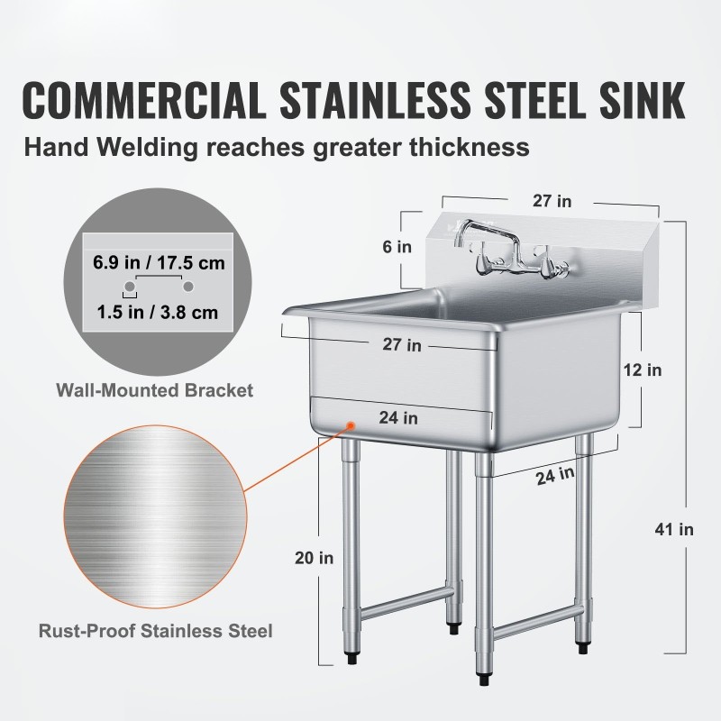 Ruostumattomasta teräksestä valmistettu yksialtaallinen apuallas 686x610x1041 mm hana ja säädettävät jalat