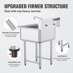 Ruostumattomasta teräksestä valmistettu yksialtaallinen apuallas 686x610x1041 mm hana ja säädettävät jalat