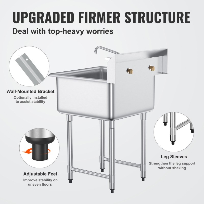 Ruostumattomasta teräksestä valmistettu yksialtaallinen apuallas 686x610x1041 mm hana ja säädettävät jalat