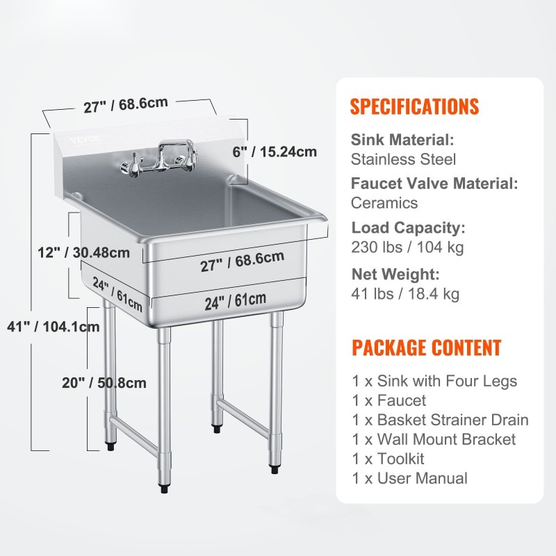 Ruostumattomasta teräksestä valmistettu yksialtaallinen apuallas 686x610x1041 mm hana ja säädettävät jalat