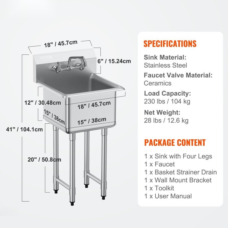 Ruostumaton teräs yksialtainen allas 45,7×104,1 cm sisältää hana ja jalat NSF-sertifioitu