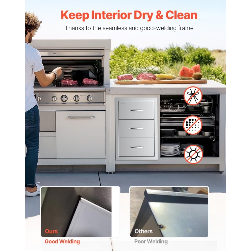 Ulkokeittiön upotettava 3-laatikkoinen ruostumaton teräslaatikosto 470×570×570 mm