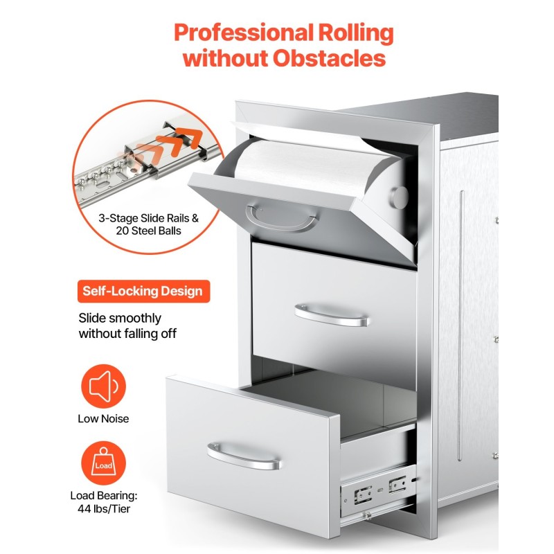 Ulkokeittiön upotettava laatikosto ruostumatonta terästä 3 laatikkoa paperipyyheteline ilmanvaihtopaneeli