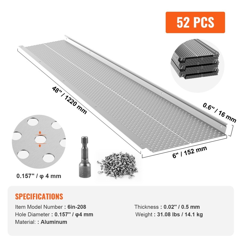 Alumiiniset ränninsuojalevyt 152 mm leveys 52 kappaletta 63,4 m 4 mm reiät