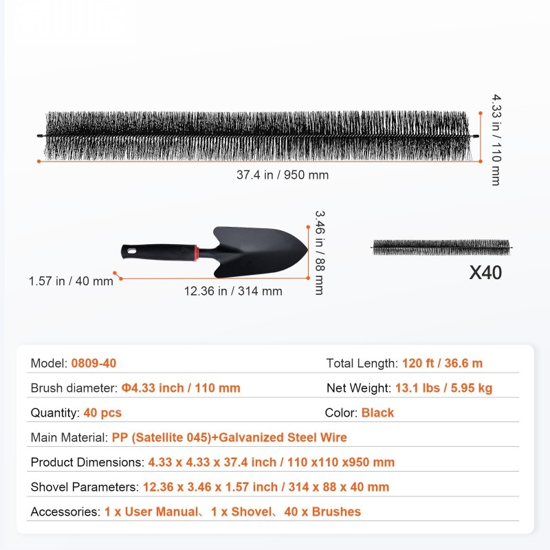 Rännisharja polypropeeniharjaksilla ja galvanoidulla teräsytimellä 36,6 m 110 mm 40 kpl