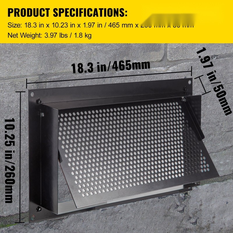 Perustuksen tulvaventtiili sinkkipinnoitettua terästä 8 tuumaa korkea 16 tuumaa leveä seinäkiinnitys