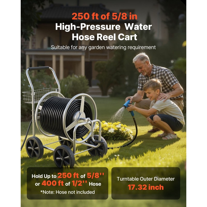 Letkukelkkavaunu jauhemaalattua terästä 15,9 mm letkulle 76 m irrotettavalla kelalla neljällä pyörällä