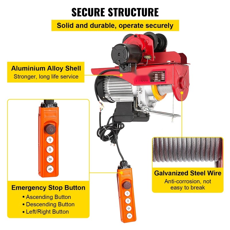 Sähkönostin vaunulla valurauta ja alumiini kaksoisvaijerilla 800 kilogrammaa 1300 wattia 12 metriä