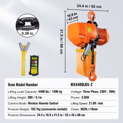 Sähköketjunostin 1996 kg nostokyky kolmivaiheinen 3,5 kW moottori 6,096 m nostokorkeus