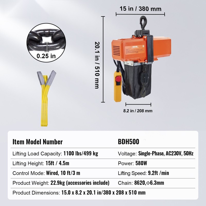Sähköinen ketjunostin yksivaiheinen 499 kg nostokyky 4,5 m nostokorkeus 8620-seosmetalliketju langallinen kaukosäädin