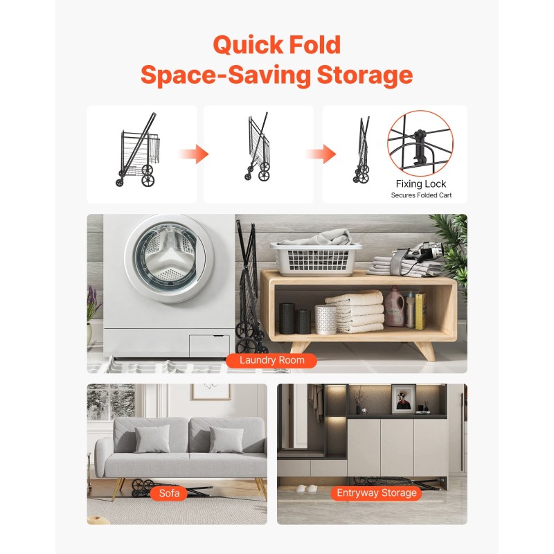 Taittuva ostoskärry rautainen runko 50 kg kantavuus kaksi koria 360 asteen etupyörät