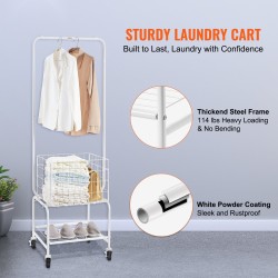 Metallinen pyörällinen pyykkikori ripustustangolla teräsrunko korkeussäätö lukittavat pyörät alahyllyllä