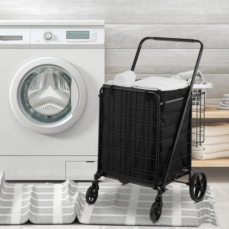 Taitettava ostoskärry 150,5 kg kantavuus kaksi koria 600D sisävuori 360° kääntyvät pyörät