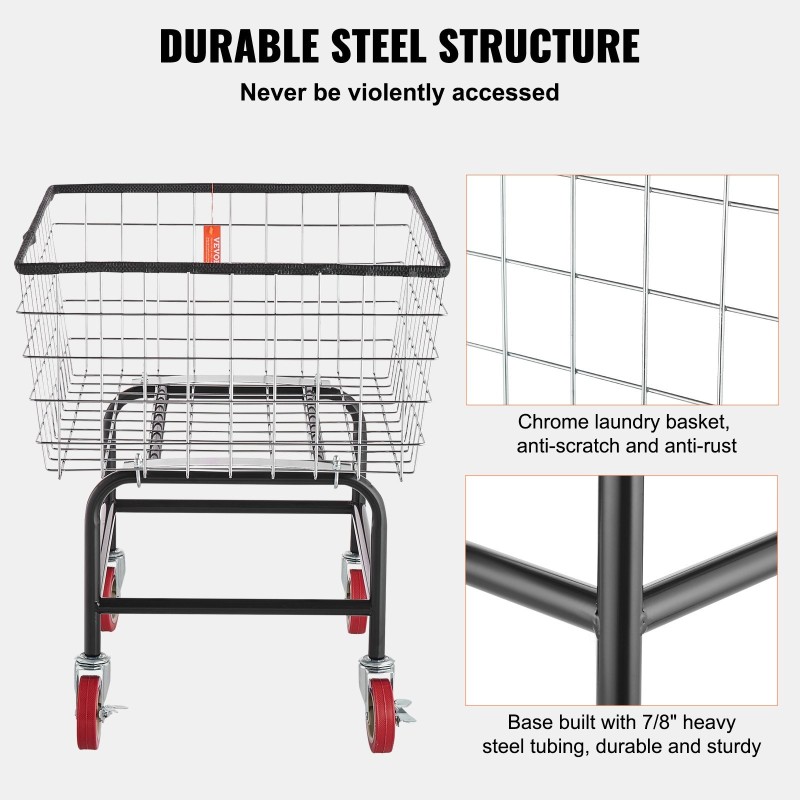 Pyykkivaunu sinkitty teräslankakori 100 l 4 tuuman kääntyvät pyörät jarruilla