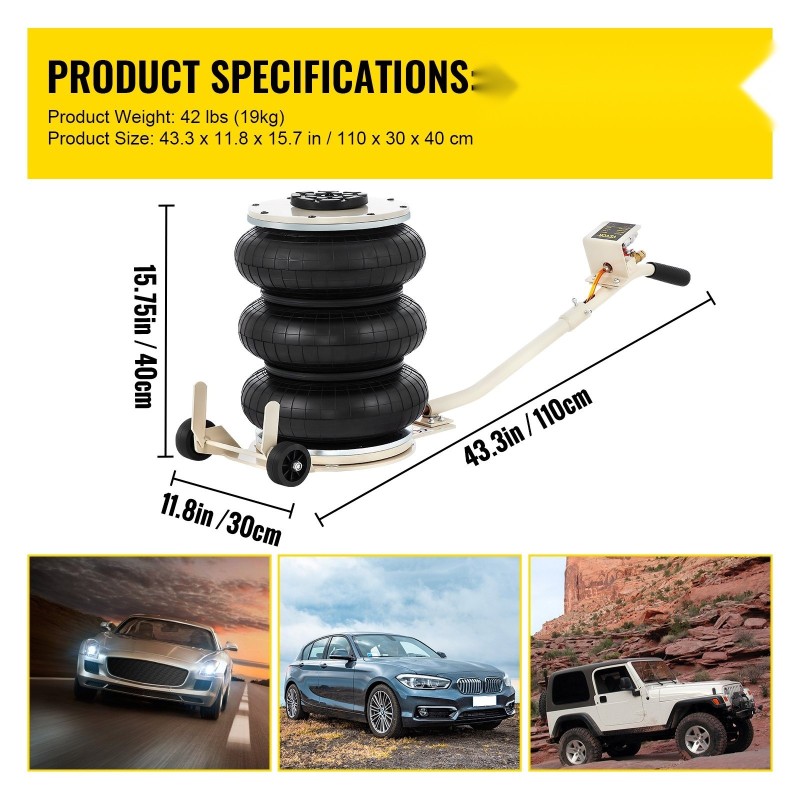 Pneumaattinen kolmisäkkitunkki 5 tonnin kantavuus 160–400 mm nostokorkeus