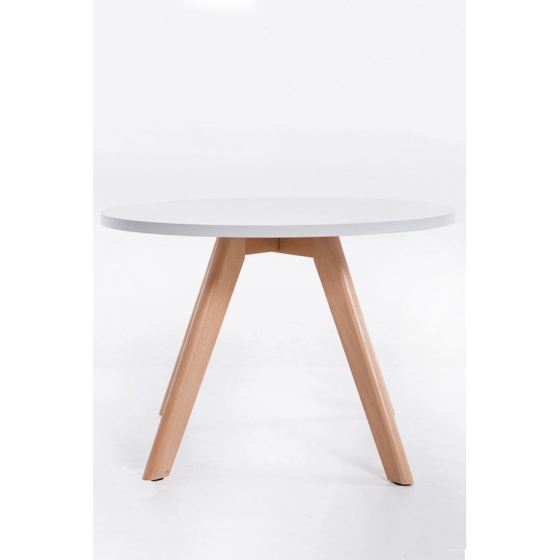 Pyöreä valkoinen sohvapöytä puujaloilla kompaktiin tilaan