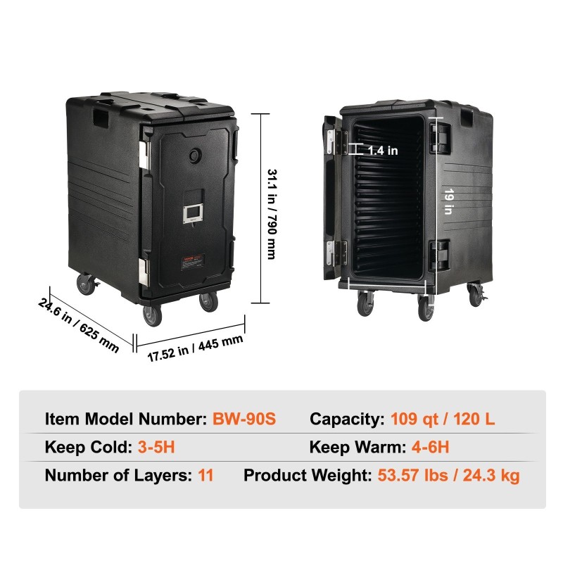 Eristetty ruokapankuljetin LLDPE 120 L etulastattava pyörillä kahvoilla