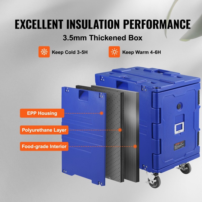 Eristetty ruokakuljetuslaatikko 90 l muovinen etulastaus pyörillä kahvoilla