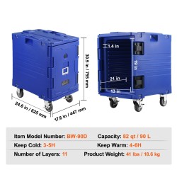 Eristetty ruokakuljetuslaatikko 90 l muovinen etulastaus pyörillä kahvoilla