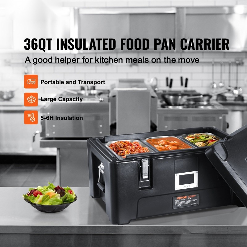 Eristetty ruokakuljetuslaatikko 30 l kevyt pinoamiskelpoinen 3 ruostumattomaa astiaa musta