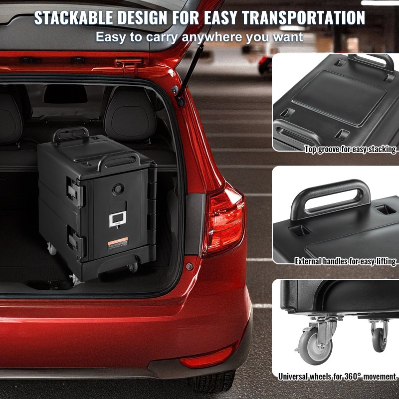 Eristetty ruokakuljetuslaatikko 75 l 50 mm eristys etupuolelta täytettävä pyörillä