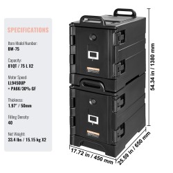 Eristetyt ruokakuljetuslaatikot 75 l 2 kpl etuluukulla pinottavat kahvoilla pyörillä