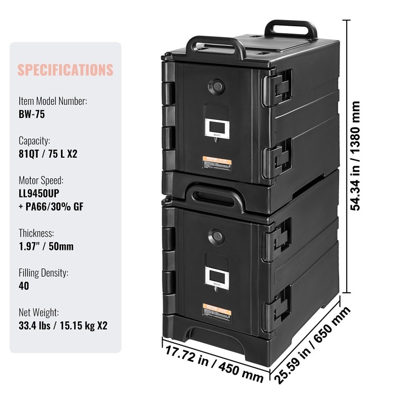 Eristetyt ruokakuljetuslaatikot 75 l 2 kpl etuluukulla pinottavat kahvoilla pyörillä