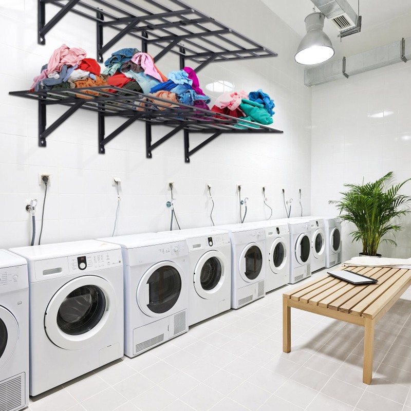 Seinään asennettava teräshylly 2 tasoa teräs 183 senttimetriä leveä 61 senttimetriä syvä