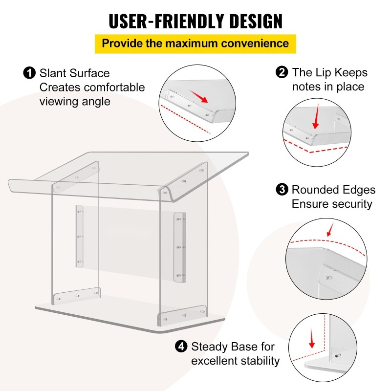 Akryylinen pöytämallinen puhujapöytä 49,5 cm korkea viisto taso kirjatuki