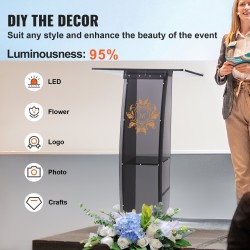 Akryylinen puhujakoroke noin 119 senttimetriä korkea läpinäkyvä leveä pöytätaso säilytyshyllyllä