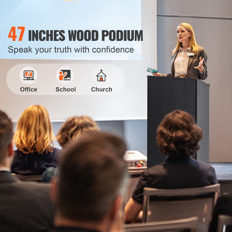 Puinen puhujapönttö 119 cm MDF-levy kallistettava pöytätaso neljä pyörää kaksi hyllyä