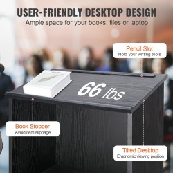 Puinen puhujapönttö 119 cm MDF-levy kallistettava pöytätaso neljä pyörää kaksi hyllyä