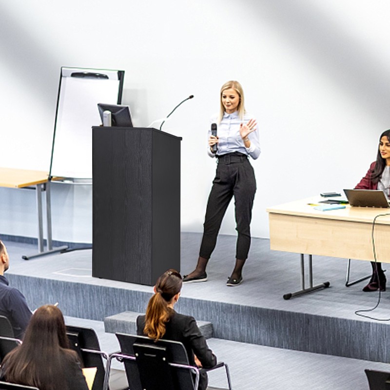 Puinen puhujapönttö 119 cm MDF-levy kallistettava pöytätaso neljä pyörää kaksi hyllyä