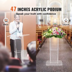 Akryylipuhujapulpetti 119 cm korkea lattiatasoinen läpinäkyvä leveä kallistettu pöytätaso pysäyttimellä lisähyllyllä