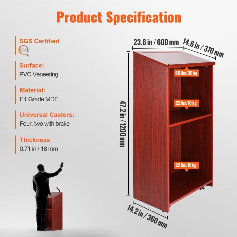 Puhujapöytä MDF PVC-pinnoite kallistettu taso 4 pyörää korkeus 1200 mm