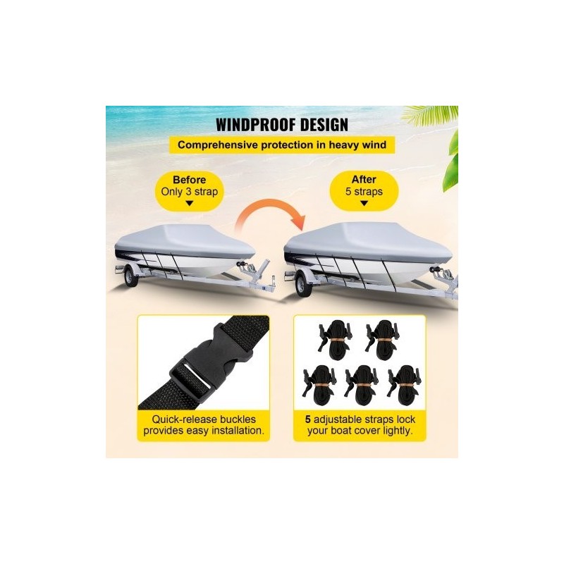 Venepeite 210D polyesteri PVC-pinnoitteella 25–28 jalan V-runkoveneille enintään 118 tuumaa 5 kiinnityshihnaa