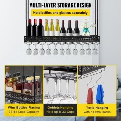 Kattoon asennettava viini- ja lasiteline säädettävä 48–91 senttimetriä kantokyky 15 kilogrammaa