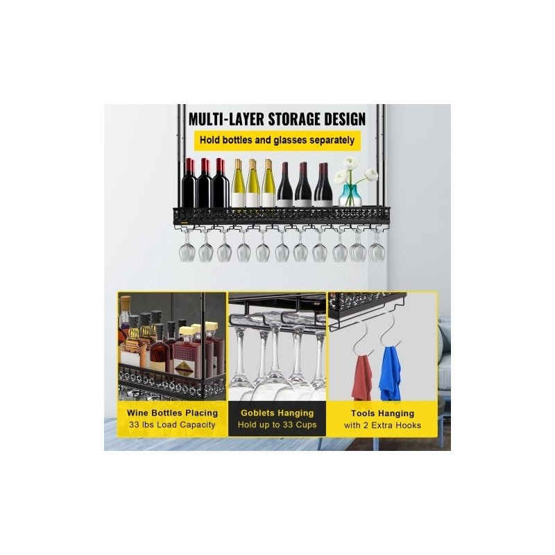 Kattoon asennettava viini- ja lasiteline säädettävä 48–91 senttimetriä kantokyky 15 kilogrammaa