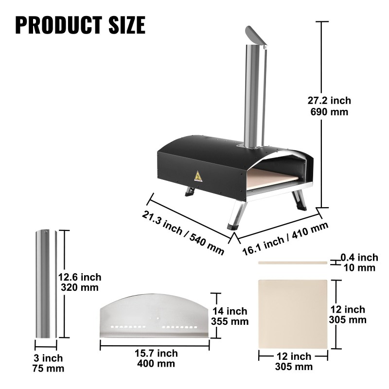 Pizzauuni kaksitoista tuumaa ruostumatonta terästä ulkokäyttöön pizzakivellä taittuvilla jaloilla