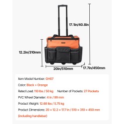 Rullattava työkalulaukku 50 kg kantavuus 27 taskua 1680D polyesteri pyörillä