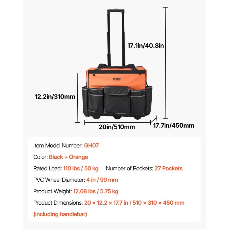 Rullattava työkalulaukku 50 kg kantavuus 27 taskua 1680D polyesteri pyörillä